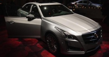 A 2014 Cadillac CTS sedan is displayed during an unveiling ceremony in New York