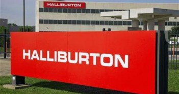 The company logo of Halliburton oilfield services corporate offices is seen in Houston